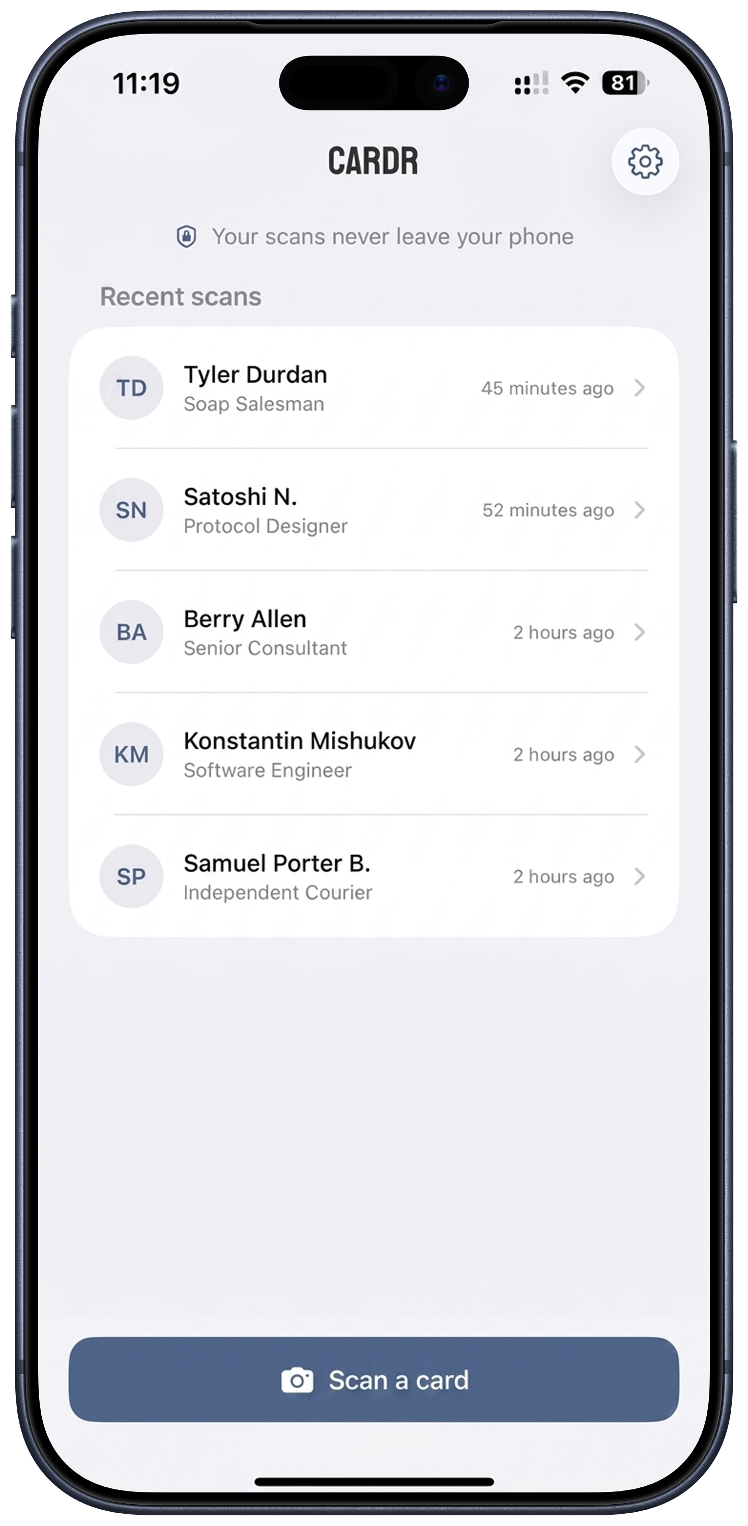 Cardr app — scan a business card